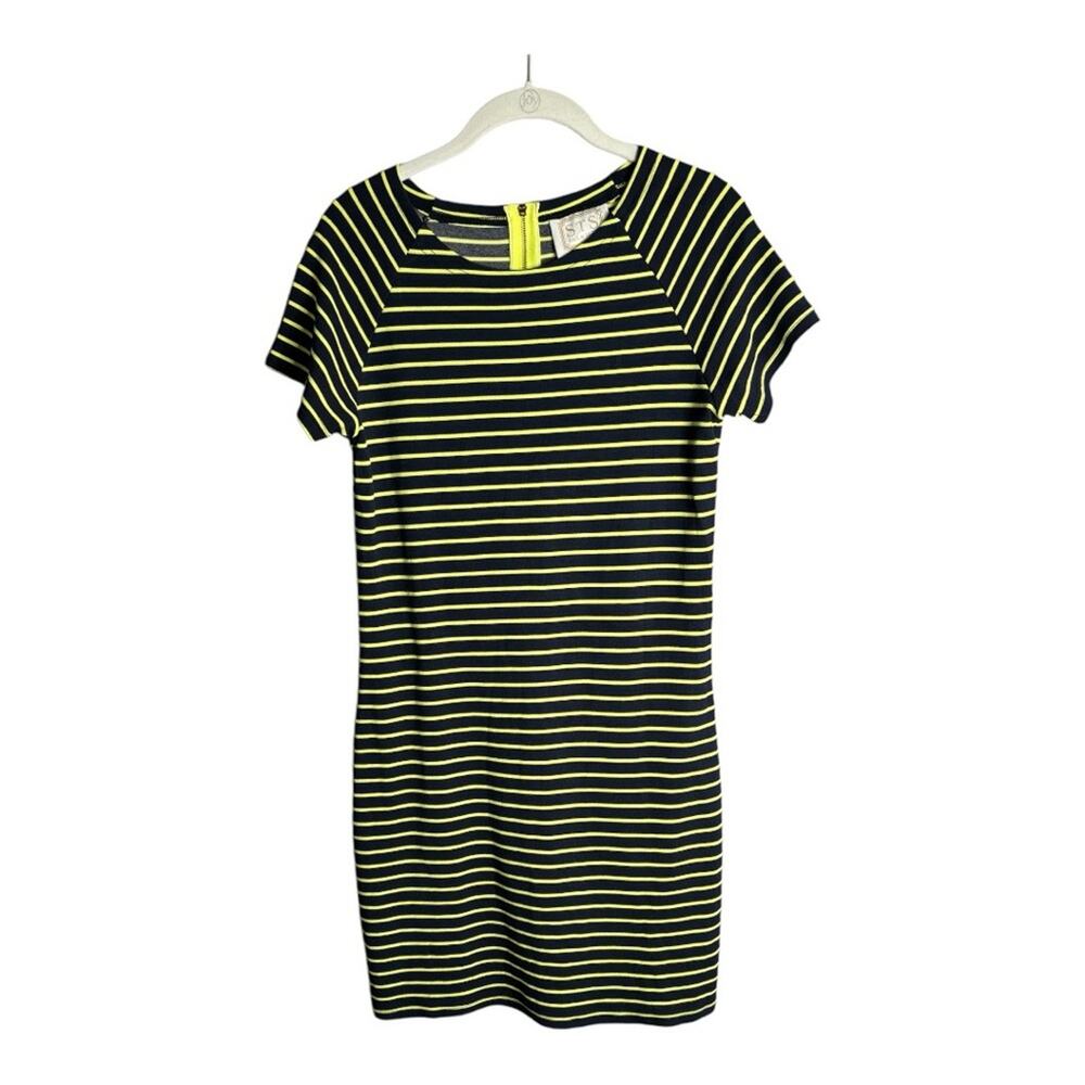 Sail to Sable Navy Blue Neon Yellow Striped Short Sleeve Dress XS